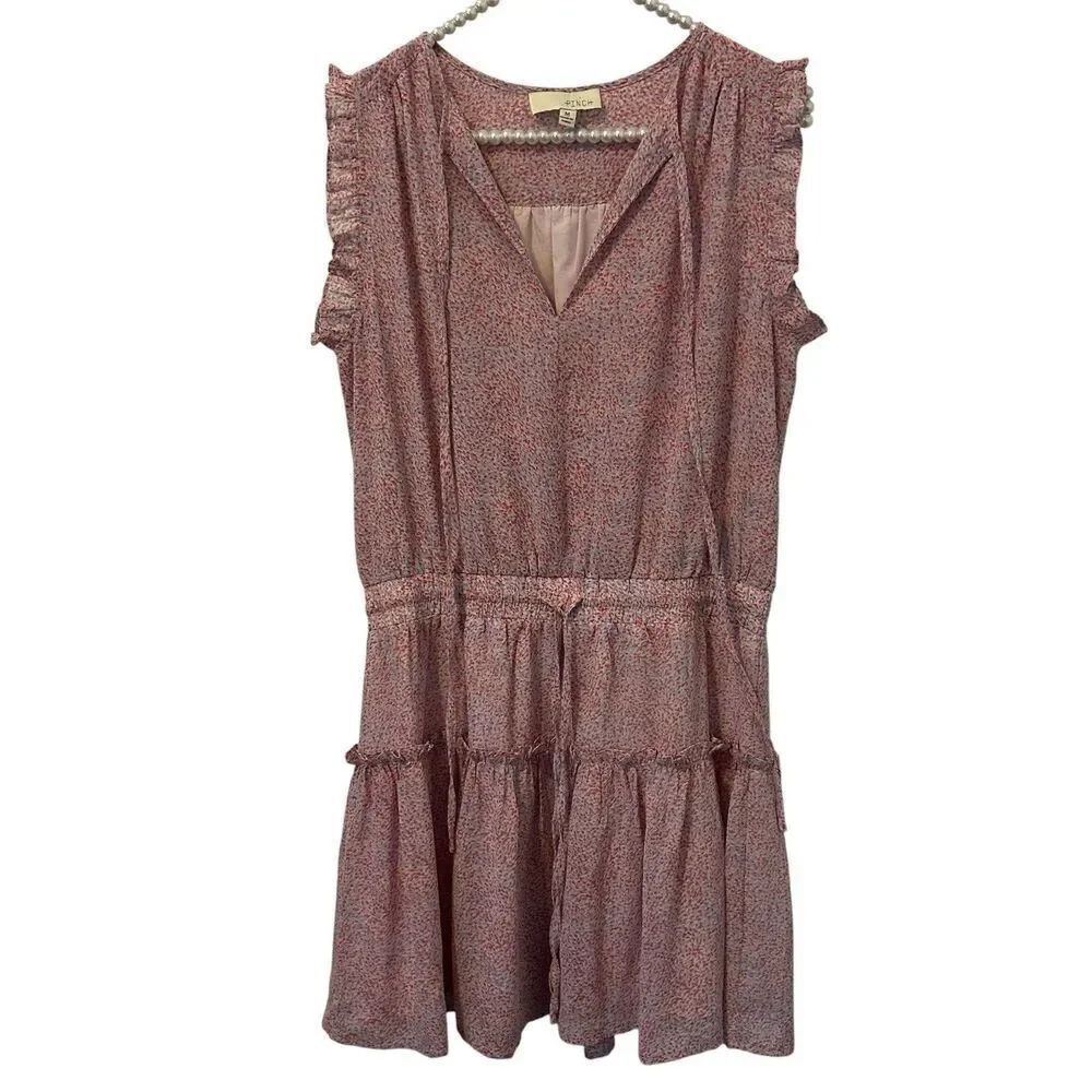 Pinch Drawstring Waist Printed Mini Dress Medium Summer Beach Peasant Feminine